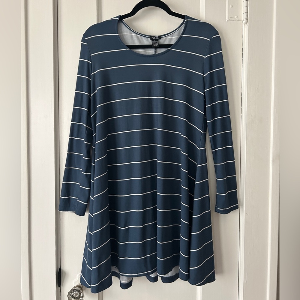 Long sleeve Blue and White Striped Mini Dress